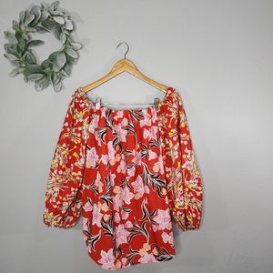 Free People Gardenia Red Mixed Floral Puff Sleeve Boho Chic Tunic